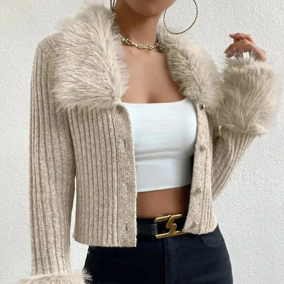 Apricot Elegant Women's Fuzzy Collar Ribbed Knit Cardigan - Picture 4 of 8